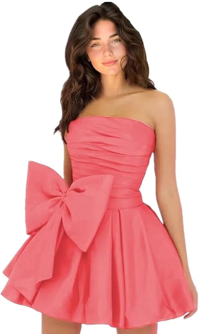 Chic A-line Sleeveless Strapless Ruched Lace Up Short Homecoming Dresses with Bow