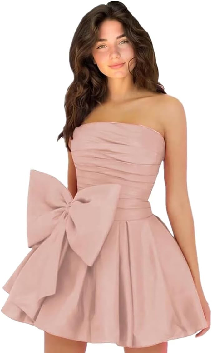 Chic A-line Sleeveless Strapless Ruched Lace Up Short Homecoming Dresses with Bow