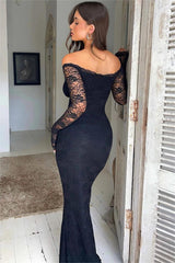 Chic Black Lace Off the Shoulder Long Sleeve Deep V Neck Prom Dress