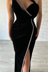 Chic Black Velvet One Shoulder Long Prom Dress with Split and Pleated