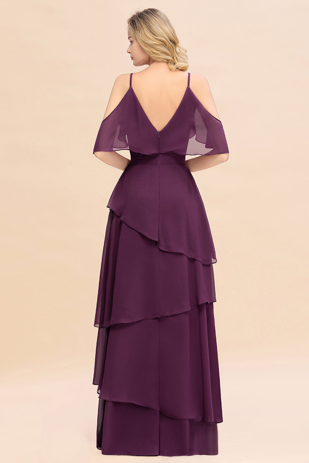 Chic Cold-Shoulder Layers Grape Chiffon Bridesmaid Dress Affordable-Babyonlines
