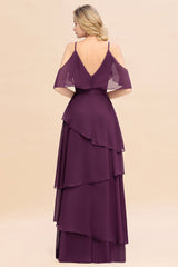 Chic Cold-Shoulder Layers Grape Chiffon Bridesmaid Dress Affordable-Babyonlines
