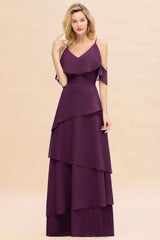 Chic Cold-Shoulder Layers Grape Chiffon Bridesmaid Dress Affordable-Babyonlines