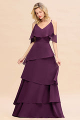 Chic Cold-Shoulder Layers Grape Chiffon Bridesmaid Dress Affordable-Babyonlines