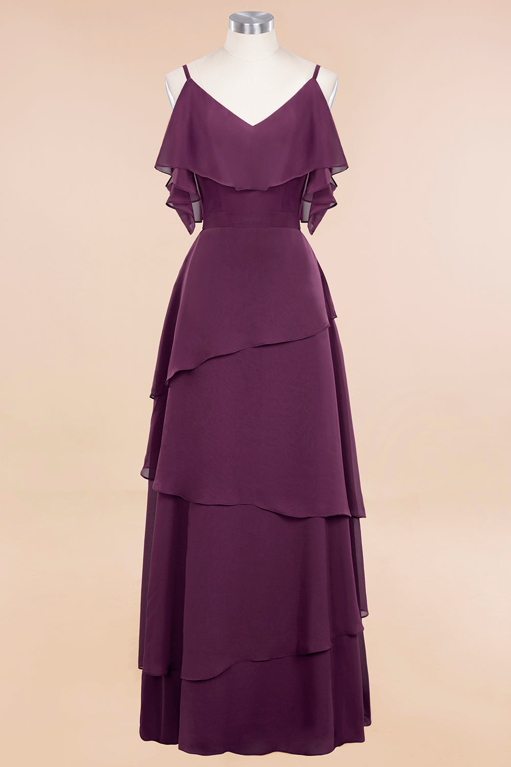 Chic Cold-Shoulder Layers Grape Chiffon Bridesmaid Dress Affordable-Babyonlines