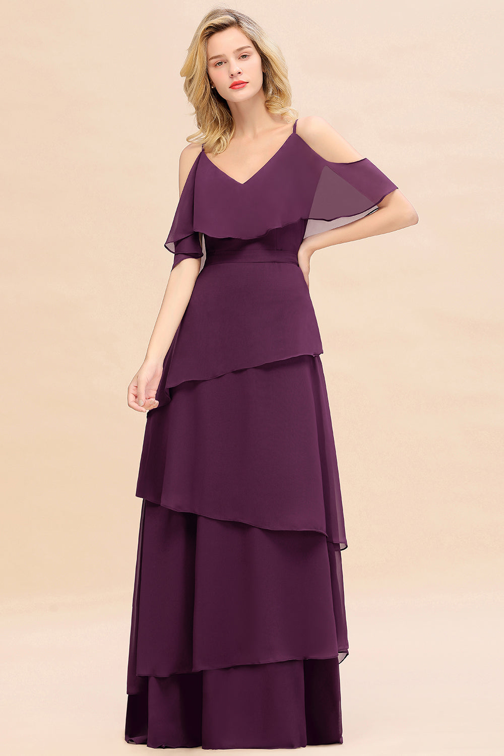 Chic Cold-Shoulder Layers Grape Chiffon Bridesmaid Dress Affordable-Babyonlines