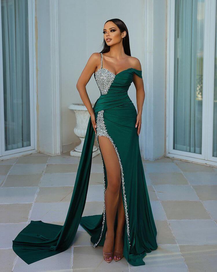 Chic Dark Green One Shoulder Sweetheart Mermaid Prom Dress with Beading and Split