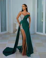 Chic Dark Green One Shoulder Sweetheart Mermaid Prom Dress with Beading and Split