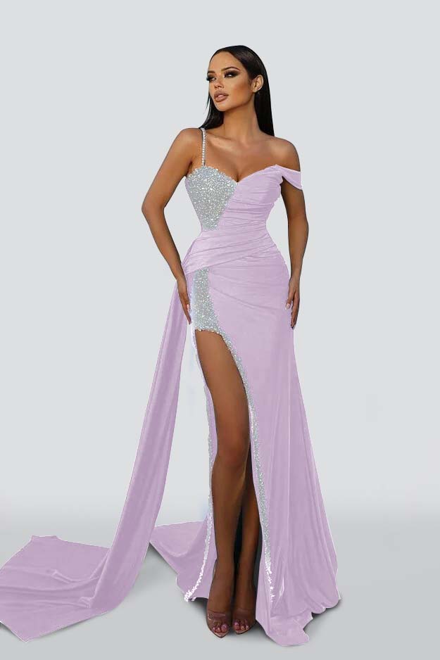Chic Dark Green One Shoulder Sweetheart Mermaid Prom Dress with Beading and Split