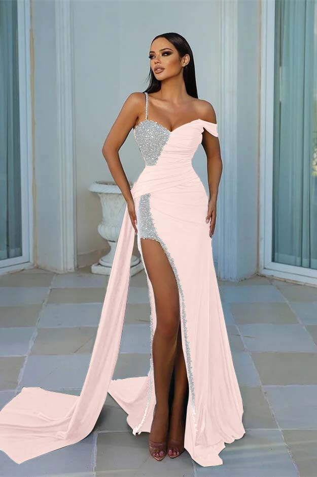 Chic Dark Green One Shoulder Sweetheart Mermaid Prom Dress with Beading and Split