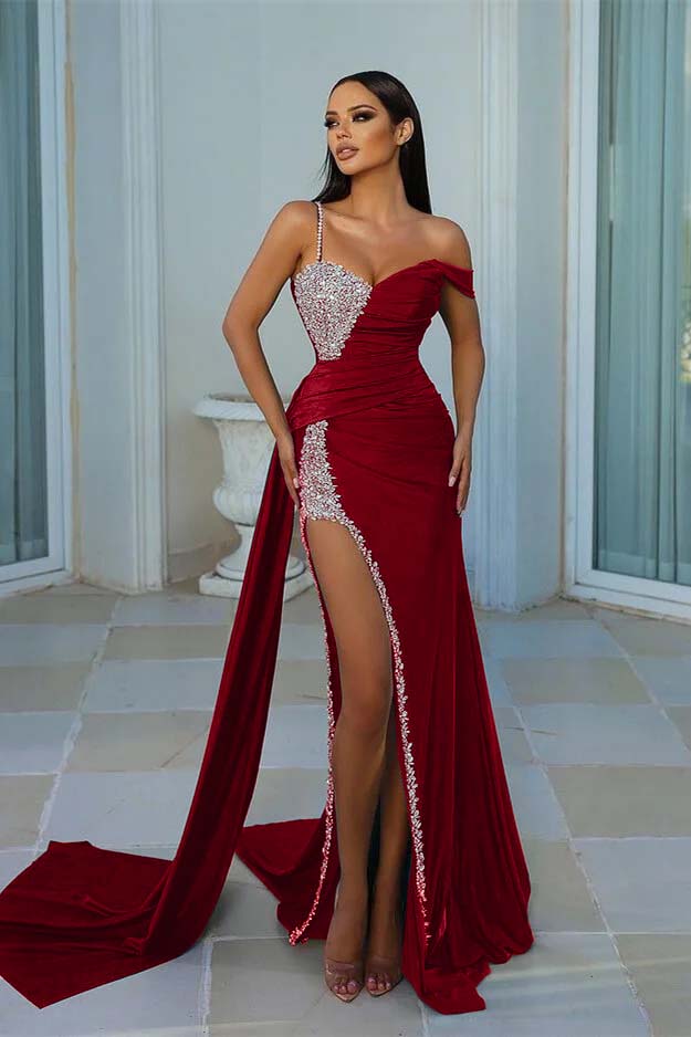 Chic Dark Green One Shoulder Sweetheart Mermaid Prom Dress with Beading and Split