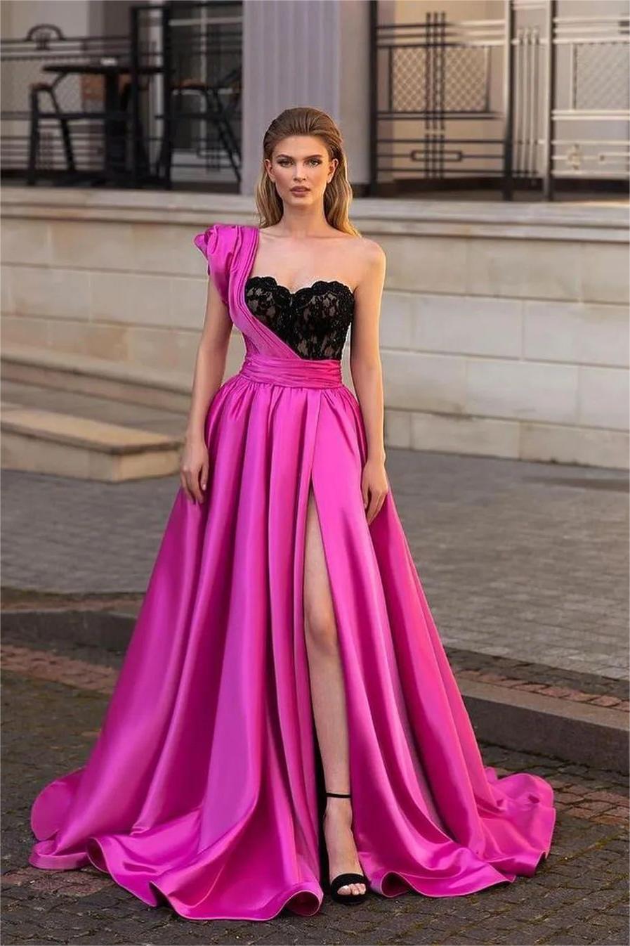 Chic Fuchsia One Shoulder Sweetheart A-Line Prom Dress with Split