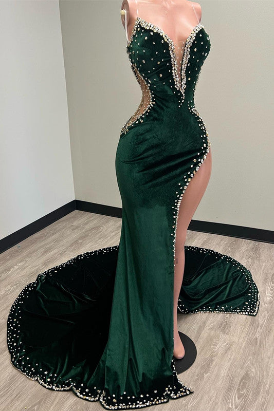 Chic V Neck Mermaid Prom Dress with Beading Split Appliques