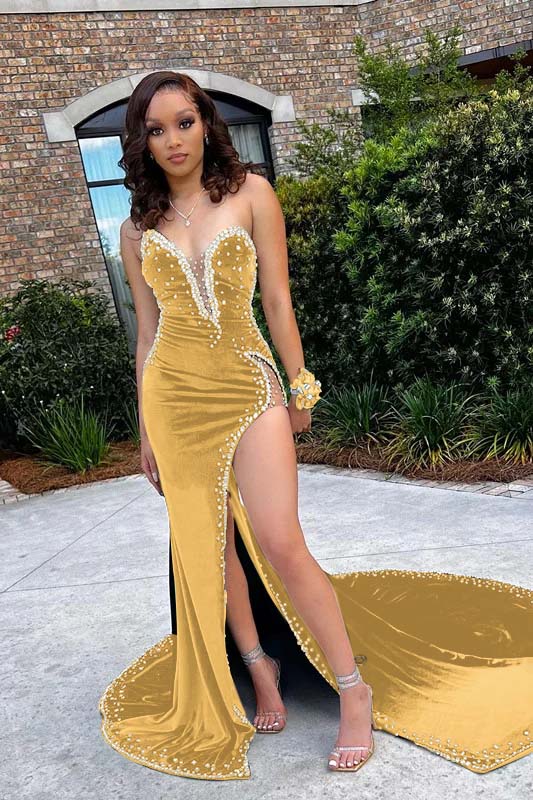 Chic V Neck Mermaid Prom Dress with Beading Split Appliques
