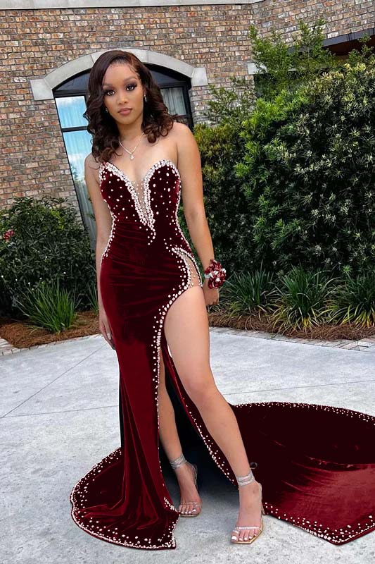 Chic V Neck Mermaid Prom Dress with Beading Split Appliques