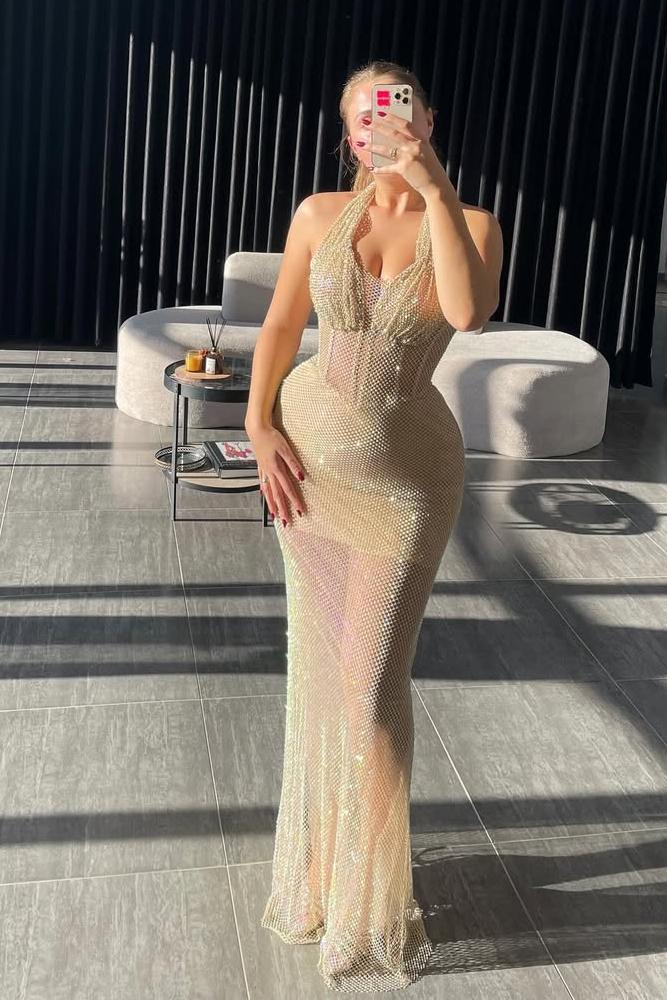 Chic Halter Mermaid Long Pleated Prom Dress