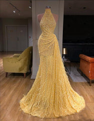 Chic Halter Pleated Long Prom Dress with Sequins Feathers
