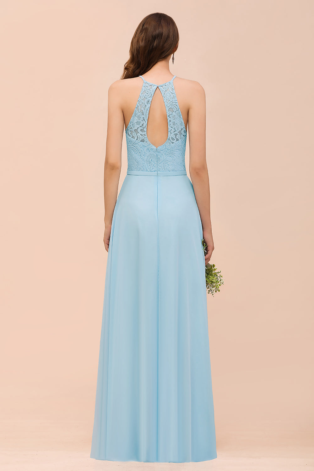 Chic Halter Sleeveless Affordable Sky Blue Bridesmaid Dress with Lace-Babyonlines