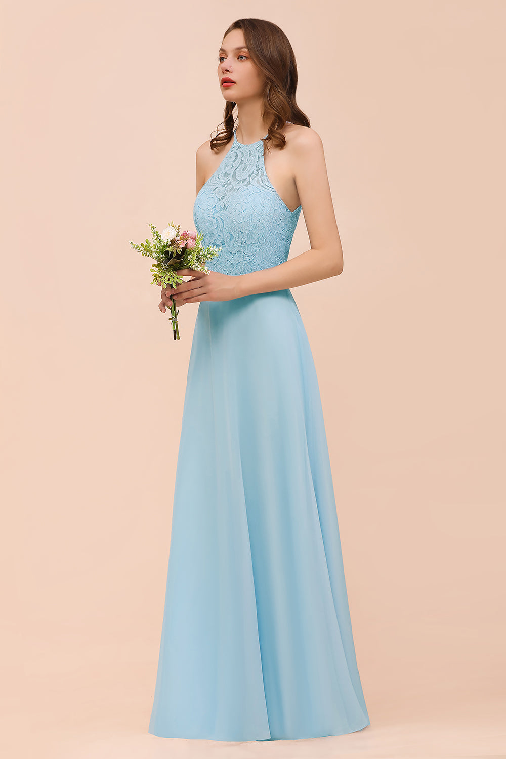 Chic Halter Sleeveless Affordable Sky Blue Bridesmaid Dress with Lace-Babyonlines