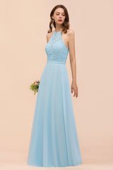 Chic Halter Sleeveless Affordable Sky Blue Bridesmaid Dress with Lace-Babyonlines