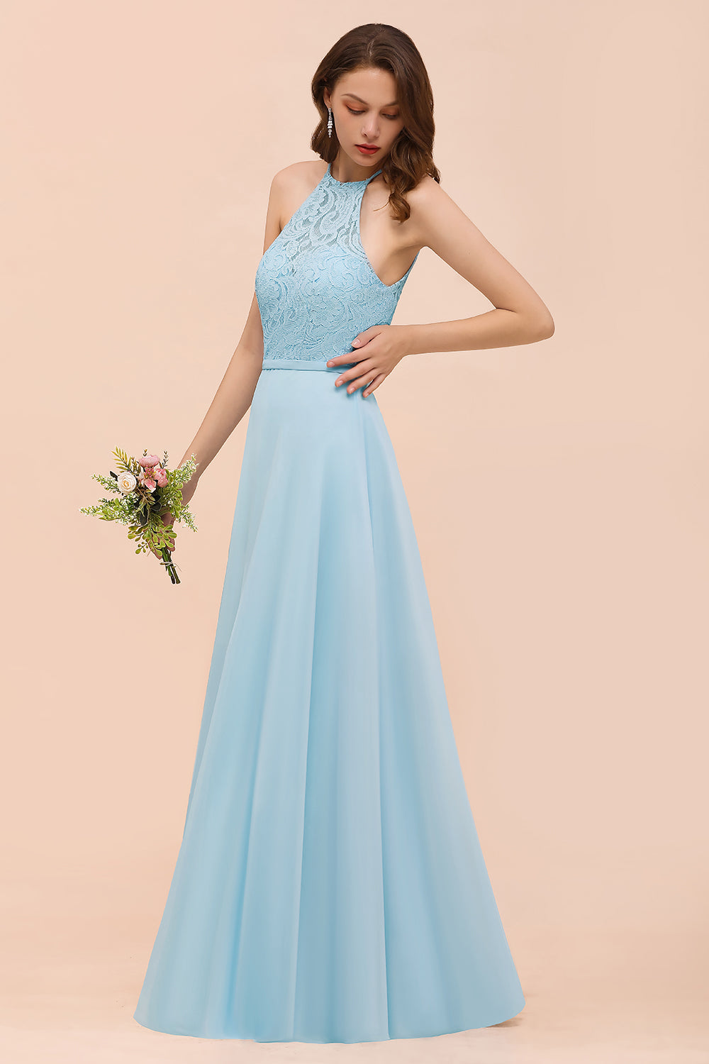 Chic Halter Sleeveless Affordable Sky Blue Bridesmaid Dress with Lace-Babyonlines