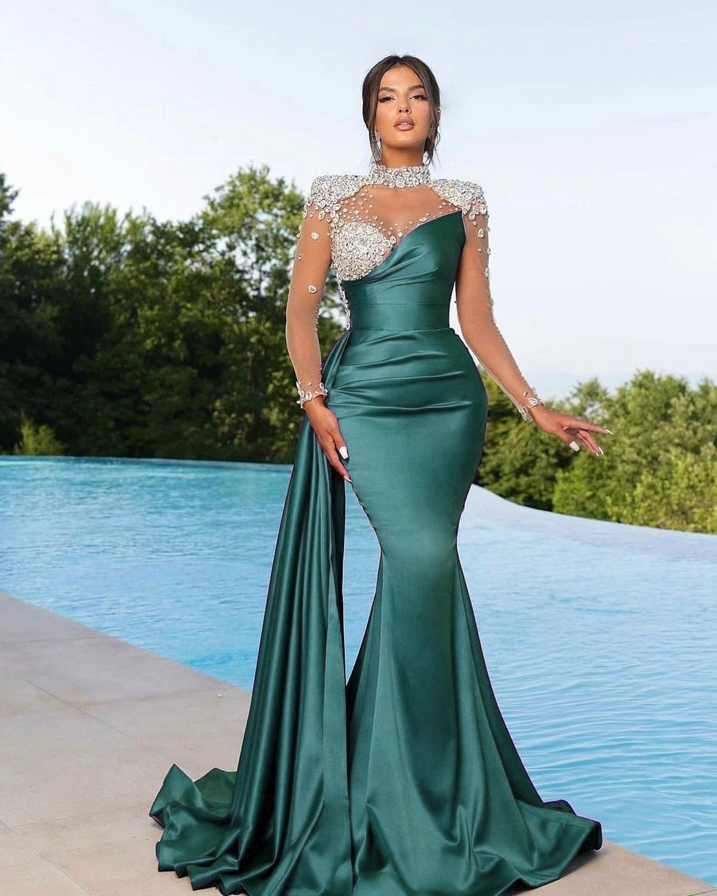 Chic High Neck Long Sleeve Satin Mermaid Prom Dress with Ruffles and Beading