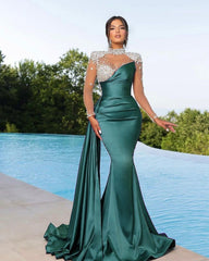 Chic High Neck Long Sleeve Satin Mermaid Prom Dress with Ruffles and Beading