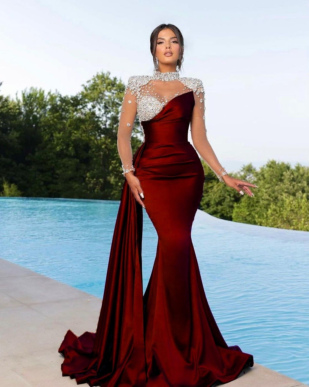 Chic High Neck Long Sleeve Satin Mermaid Prom Dress with Ruffles and Beading