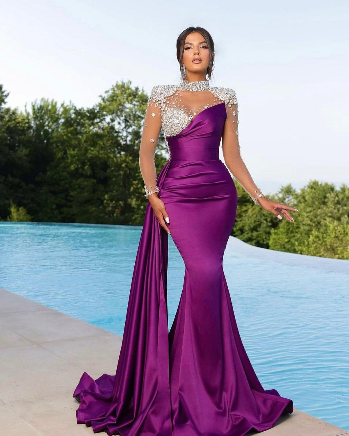 Chic High Neck Long Sleeve Satin Mermaid Prom Dress with Ruffles and Beading