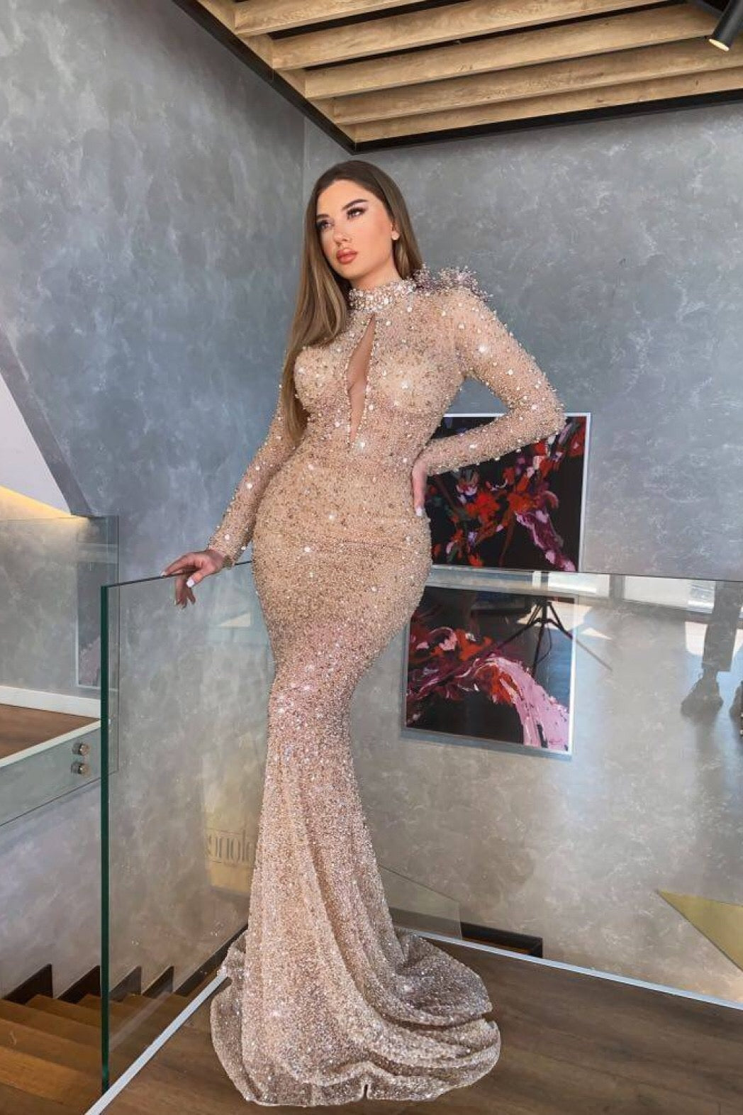 Chic High Neck Long Sleeve Mermaid Long Prom Dress with Sequins and Pleats