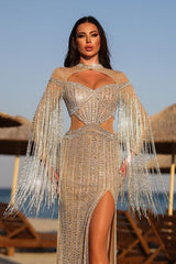 Chic Jewel Neck Long Sleeve Prom Dress with Beading, High Split and Tassel