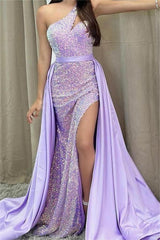 Chic Lilac One Shoulder Mermaid Prom Dress with Sequins, Split and Belt