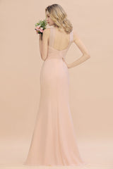 Chic Mermaid Keyhole Pink Chiffon Long Bridesmaid Dress Affordable with Ruffle-Babyonlines