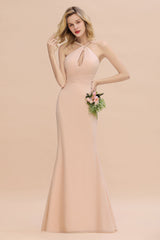 Chic Mermaid Keyhole Pink Chiffon Long Bridesmaid Dress Affordable with Ruffle-Babyonlines