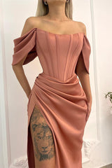 Chic Off the Shoulder Mermaid Long Prom Dress with Split and Pleats