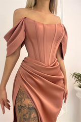 Chic Off the Shoulder Mermaid Long Prom Dress with Split and Pleats