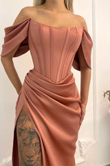 Chic Off the Shoulder Mermaid Long Prom Dress with Split and Pleats