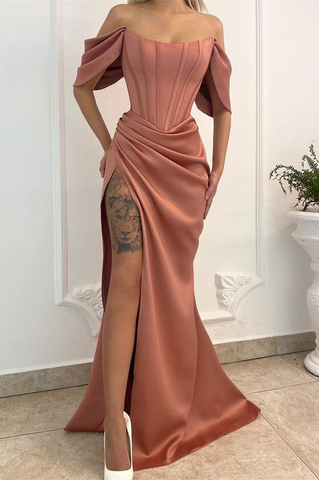 Chic Off the Shoulder Mermaid Long Prom Dress with Split and Pleats