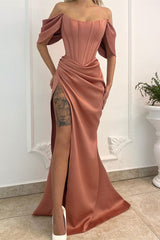 Chic Off the Shoulder Mermaid Long Prom Dress with Split and Pleats
