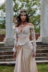 Long Off-the-Shoulder Satin Lace Formal Prom Dresses with Sleeves