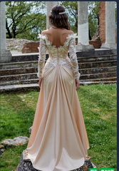 Long Off-the-Shoulder Satin Lace Formal Prom Dresses with Sleeves