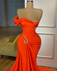 Chic Orange One Shoulder Long Prom Dress with Appliques