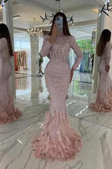 Chic Pink Long Sleeve Prom Dress with Sequins and Feather