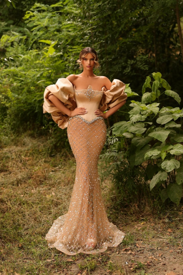 Long Mermaid Floor-length Sequined Evening Formal Dresses with Puff Sleeves