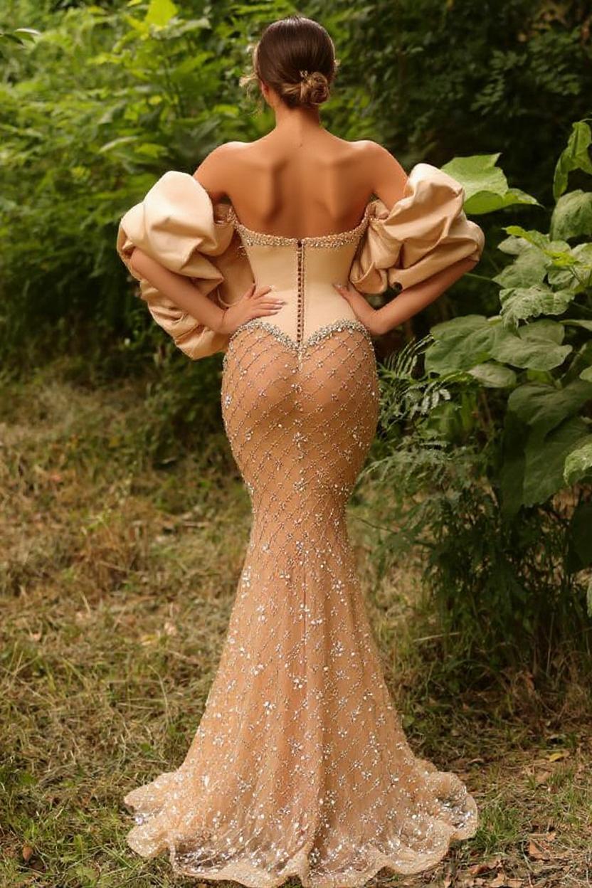 Long Mermaid Floor-length Sequined Evening Formal Dresses with Puff Sleeves