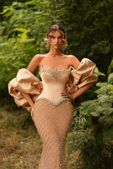 Long Mermaid Floor-length Sequined Evening Formal Dresses with Puff Sleeves