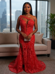 Long One Shoulder Mermaid Lace Red Evening Formal Dresses with Slit