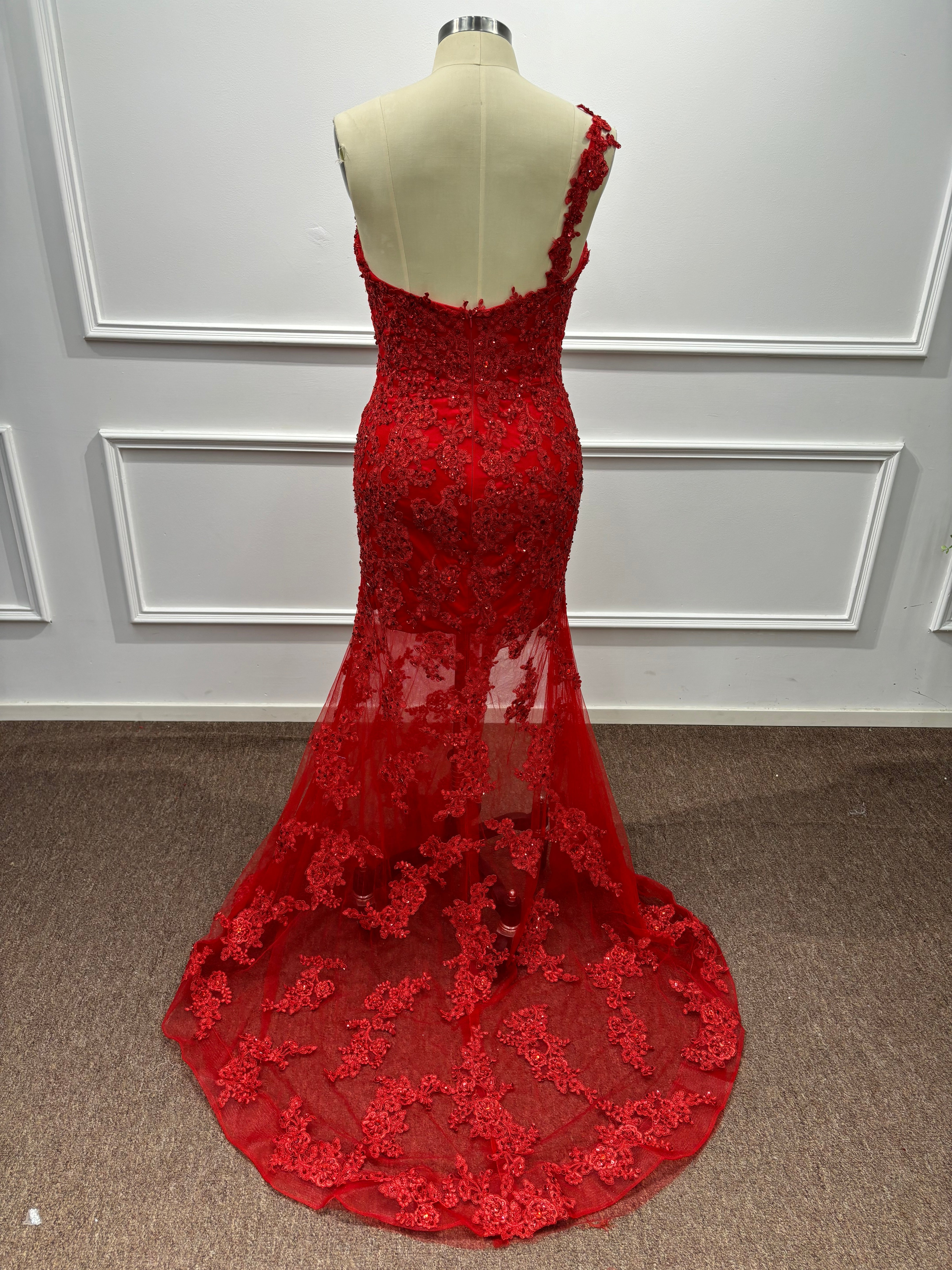 Long One Shoulder Mermaid Lace Red Evening Formal Dresses with Slit