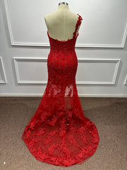 Long One Shoulder Mermaid Lace Red Evening Formal Dresses with Slit