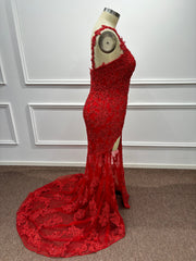 Long One Shoulder Mermaid Lace Red Evening Formal Dresses with Slit